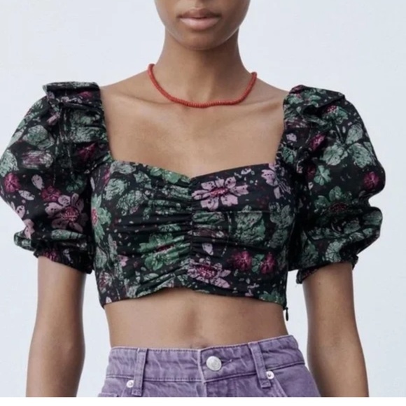 Zara floral puff sleeve crop top - Picture 1 of 6